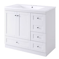 Video 36 Inch Shaker Style Free Standing Bathroom Vanity Cabinet With Sink, 4 Soft Close Drawers And 2 Soft Close Doors White Mdf