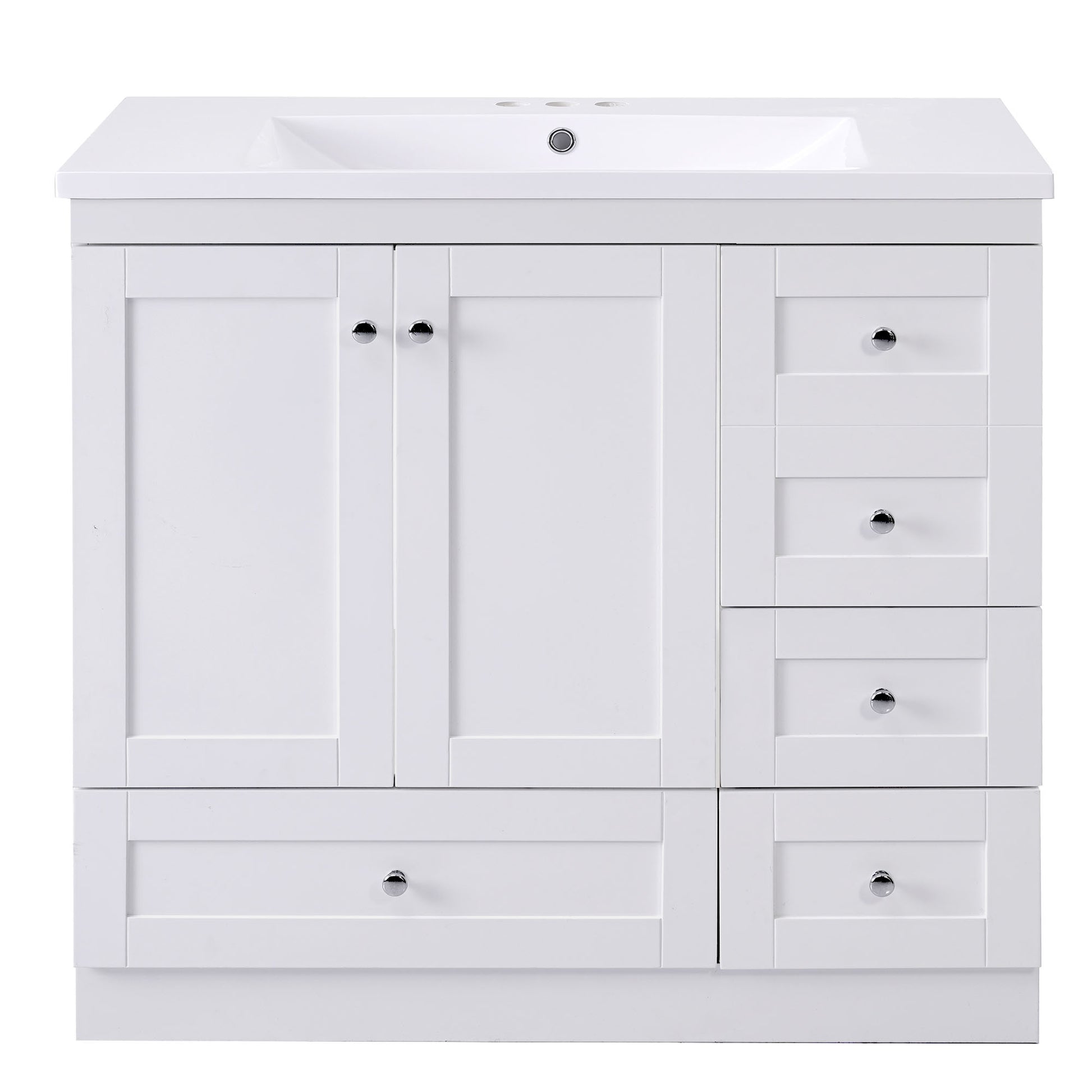 Video 36 Inch Shaker Style Free Standing Bathroom Vanity Cabinet With Sink, 4 Soft Close Drawers And 2 Soft Close Doors White Mdf