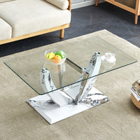 Modern Minimalist Transparent Tempered Glass Coffee Table With Marble Patterned Mdf Legs And Stainless Steel Decorative Columns. Computer Desk. Game Table. Ct 907 Transparent Mdf Glass