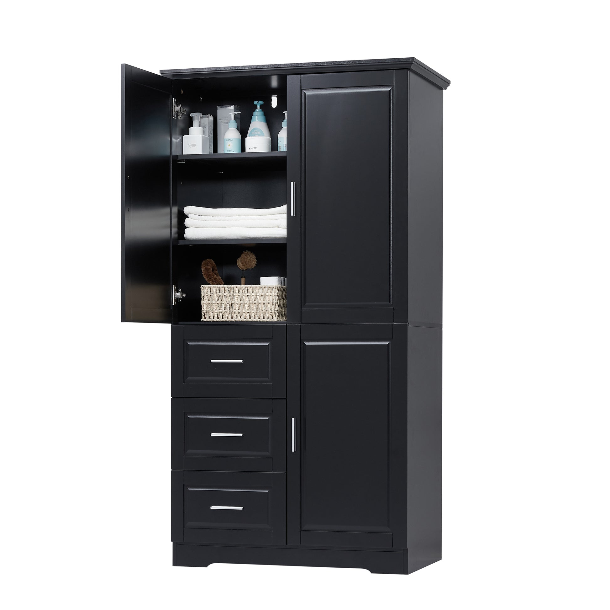 Tall And Wide Storage Cabinet With Doors For Bathroom Office, Three Drawers, Black Black Mdf