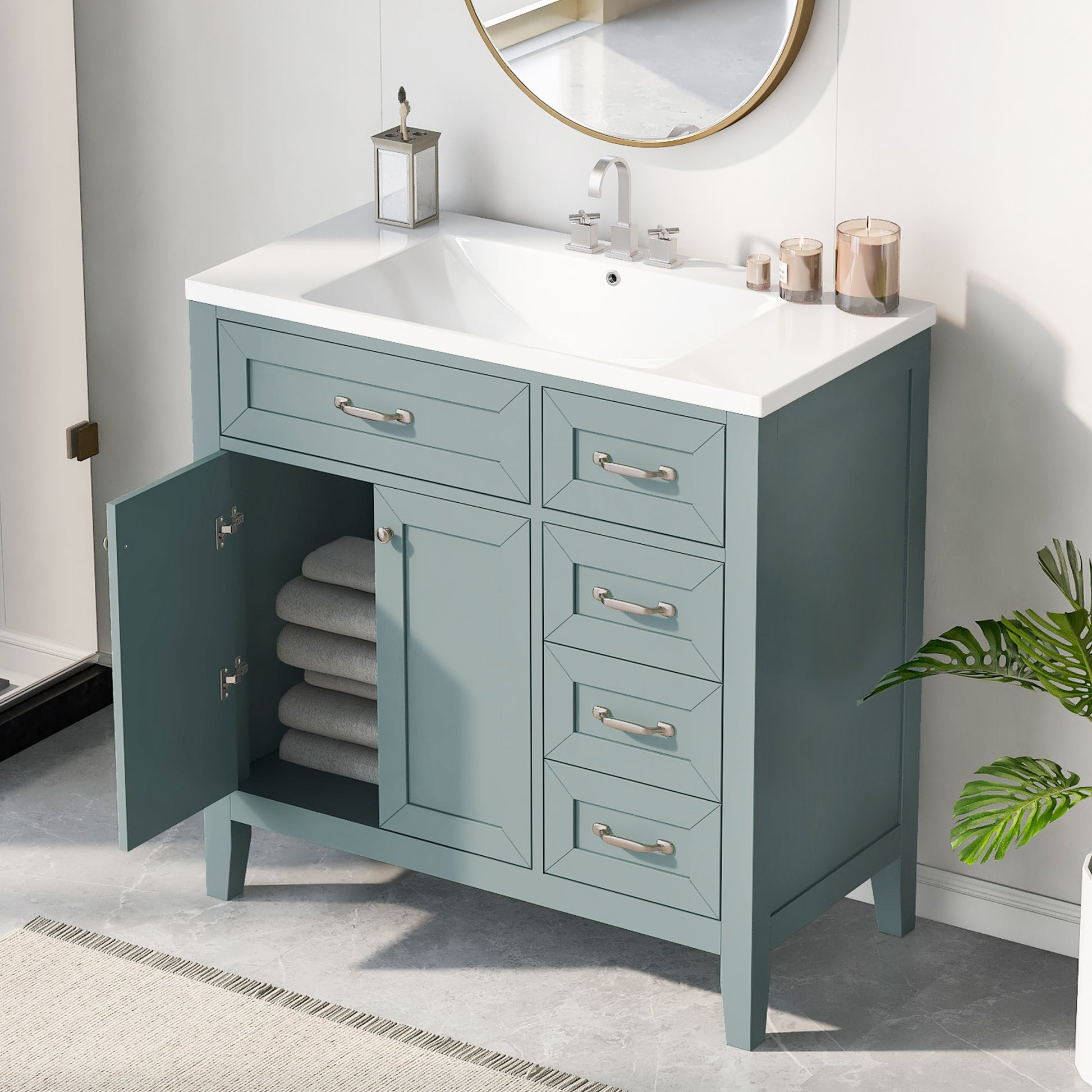 36" Bathroom Vanity With Sink Combo, Green Bathroom Cabinet With Drawers, Solid Frame And Mdf Board Green Solid Wood Mdf