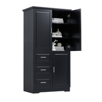 Tall And Wide Storage Cabinet With Doors For Bathroom Office, Three Drawers, Black Black Mdf