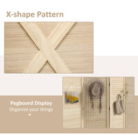 Homcom 4 Panel Pegboard Display Room Divider, 4.7' Tall Wood Indoor Portable Folding Privacy Screen, Partition Wall Divider For Home Office, Natural Natural Wood