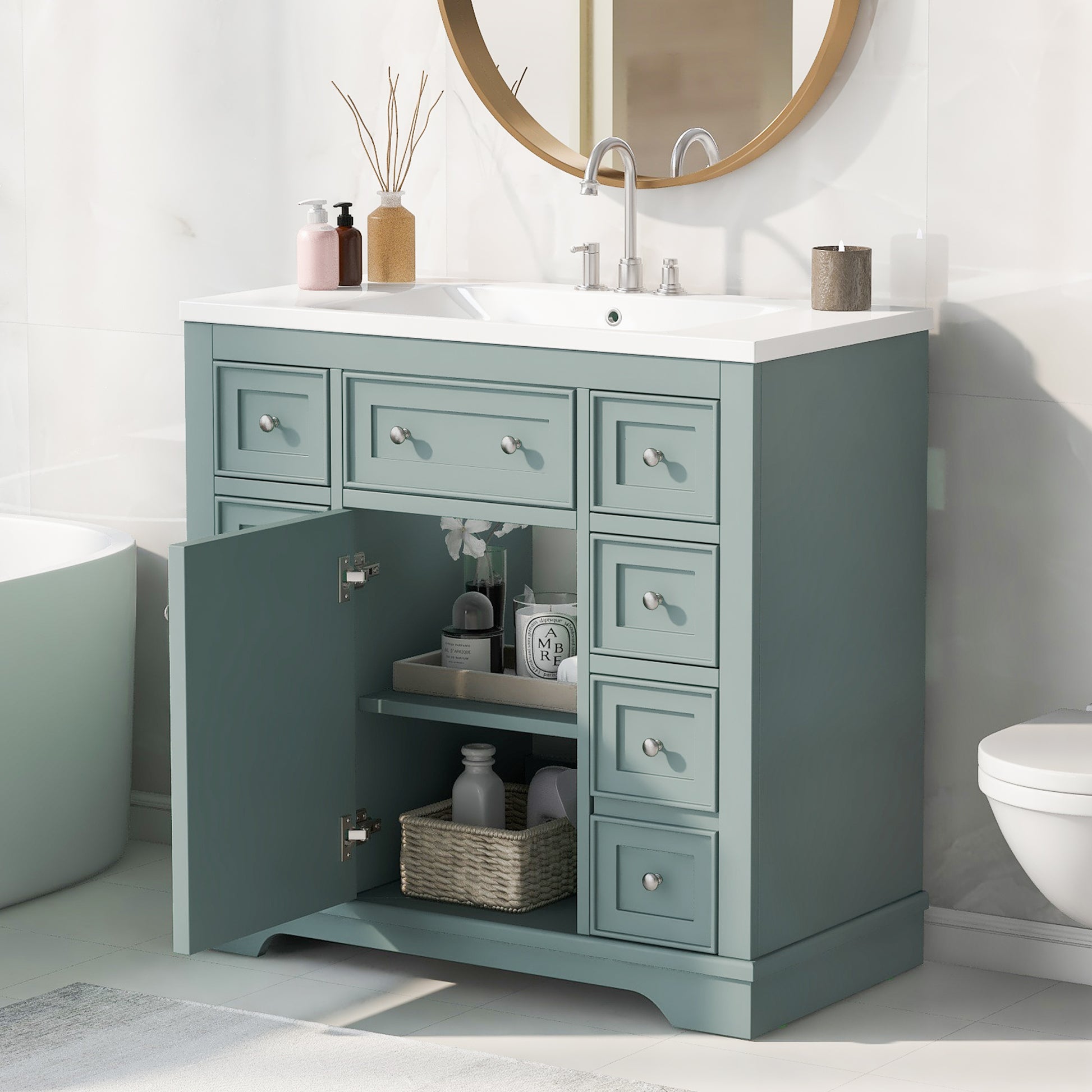 36" Bathroom Vanity With Sink Combo, One Cabinet And Six Drawers, Solid Wood And Mdf Board, Green Old Sku:Sy999404Aag Green Solid Wood Mdf