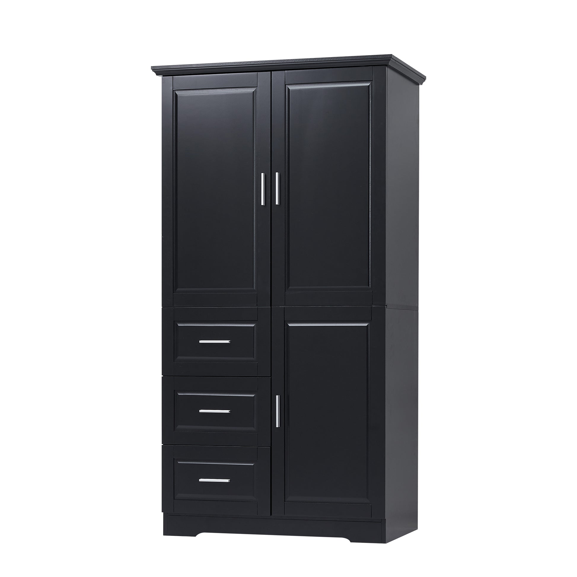 Tall And Wide Storage Cabinet With Doors For Bathroom Office, Three Drawers, Black Black Mdf