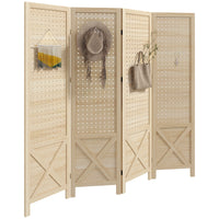 Homcom 4 Panel Pegboard Display Room Divider, 4.7' Tall Wood Indoor Portable Folding Privacy Screen, Partition Wall Divider For Home Office, Natural Natural Wood