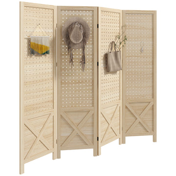 Homcom 4 Panel Pegboard Display Room Divider, 4.7' Tall Wood Indoor Portable Folding Privacy Screen, Partition Wall Divider For Home Office, Natural Natural Wood
