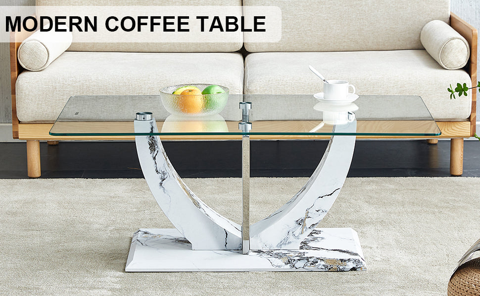 Modern Minimalist Transparent Tempered Glass Coffee Table With Marble Patterned Mdf Legs And Stainless Steel Decorative Columns. Computer Desk. Game Table. Ct 907 Transparent Mdf Glass