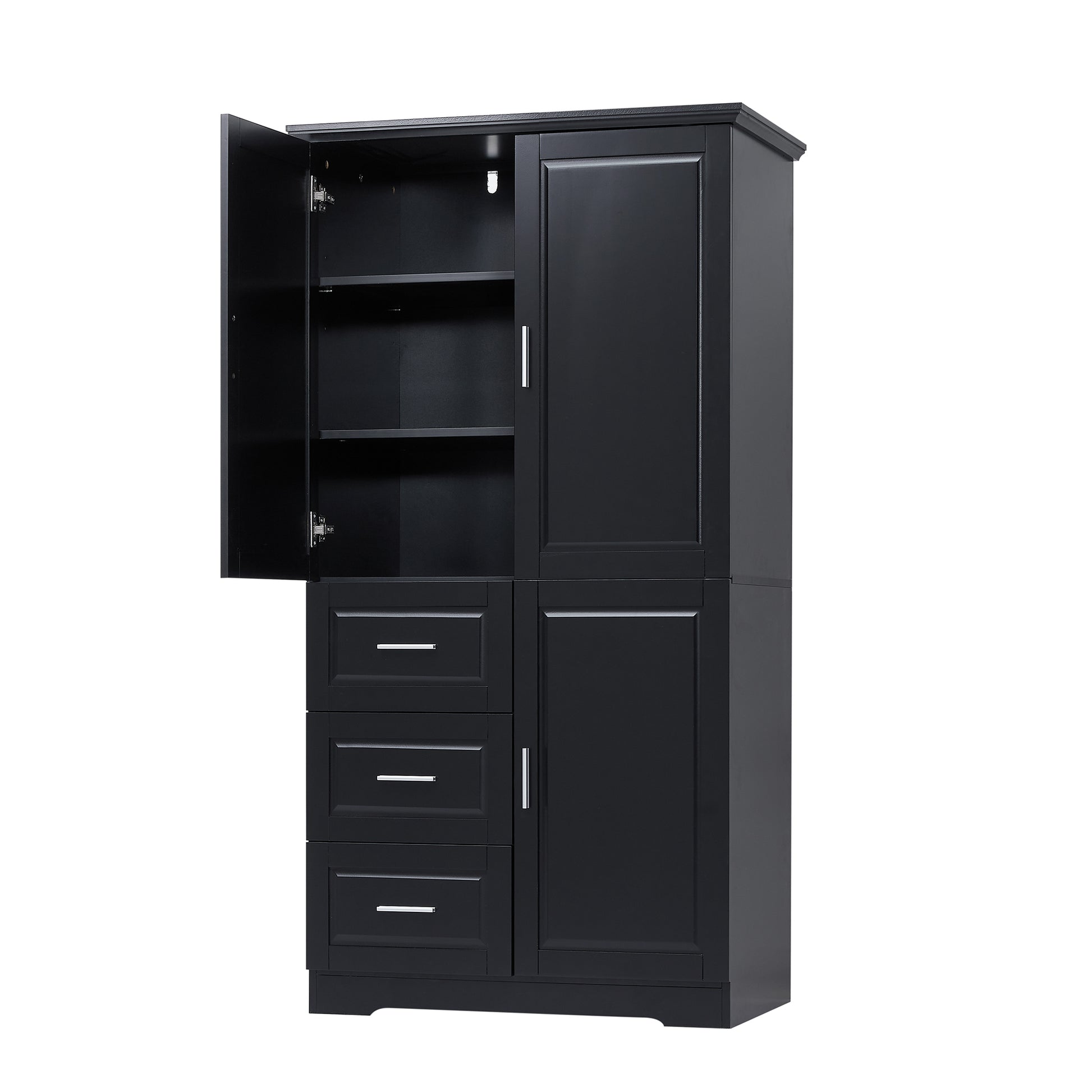 Tall And Wide Storage Cabinet With Doors For Bathroom Office, Three Drawers, Black Black Mdf