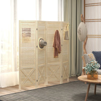Homcom 4 Panel Pegboard Display Room Divider, 4.7' Tall Wood Indoor Portable Folding Privacy Screen, Partition Wall Divider For Home Office, Natural Natural Wood