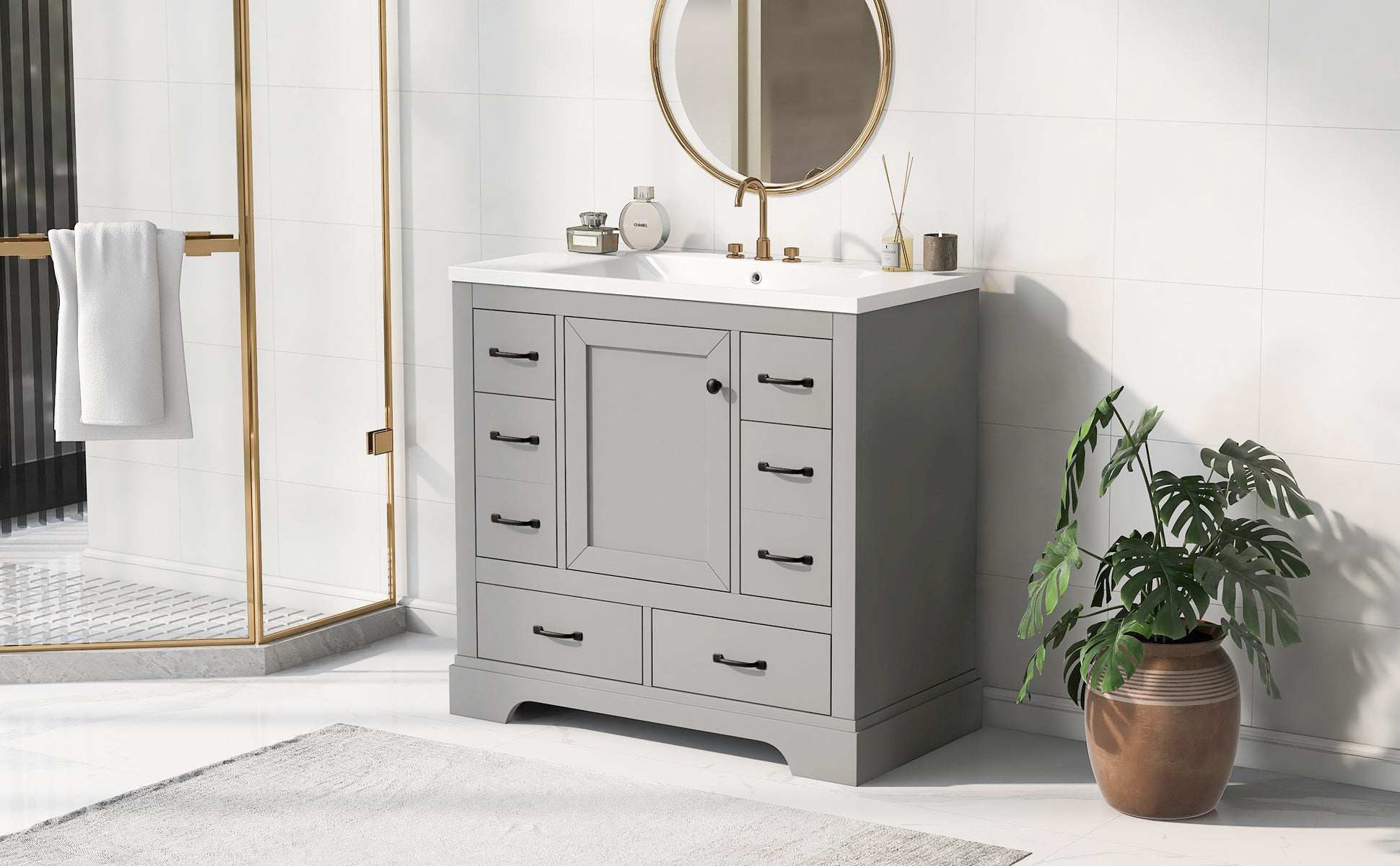 36" Bathroom Vanity With Sink Combo, Six Drawers, Multi Functional Drawer Divider, Adjustable Shelf, Grey Grey Solid Wood Mdf