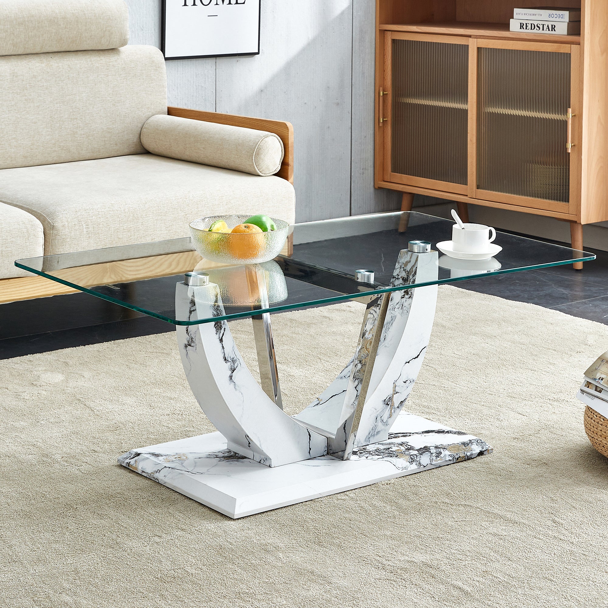 Modern Minimalist Transparent Tempered Glass Coffee Table With Marble Patterned Mdf Legs And Stainless Steel Decorative Columns. Computer Desk. Game Table. Ct 907 Transparent Mdf Glass