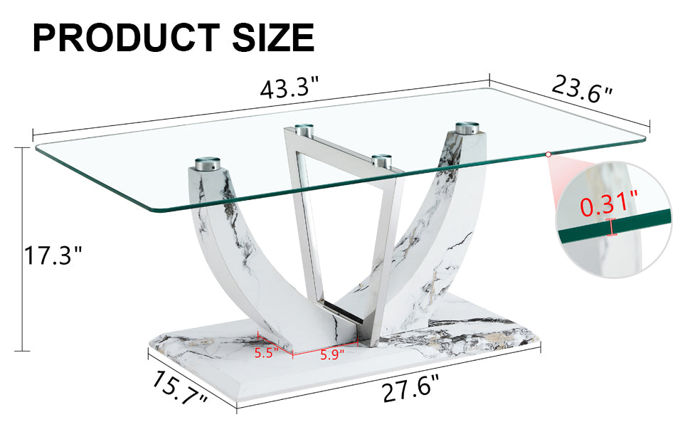 Modern Minimalist Transparent Tempered Glass Coffee Table With Marble Patterned Mdf Legs And Stainless Steel Decorative Columns. Computer Desk. Game Table. Ct 907 Transparent Mdf Glass