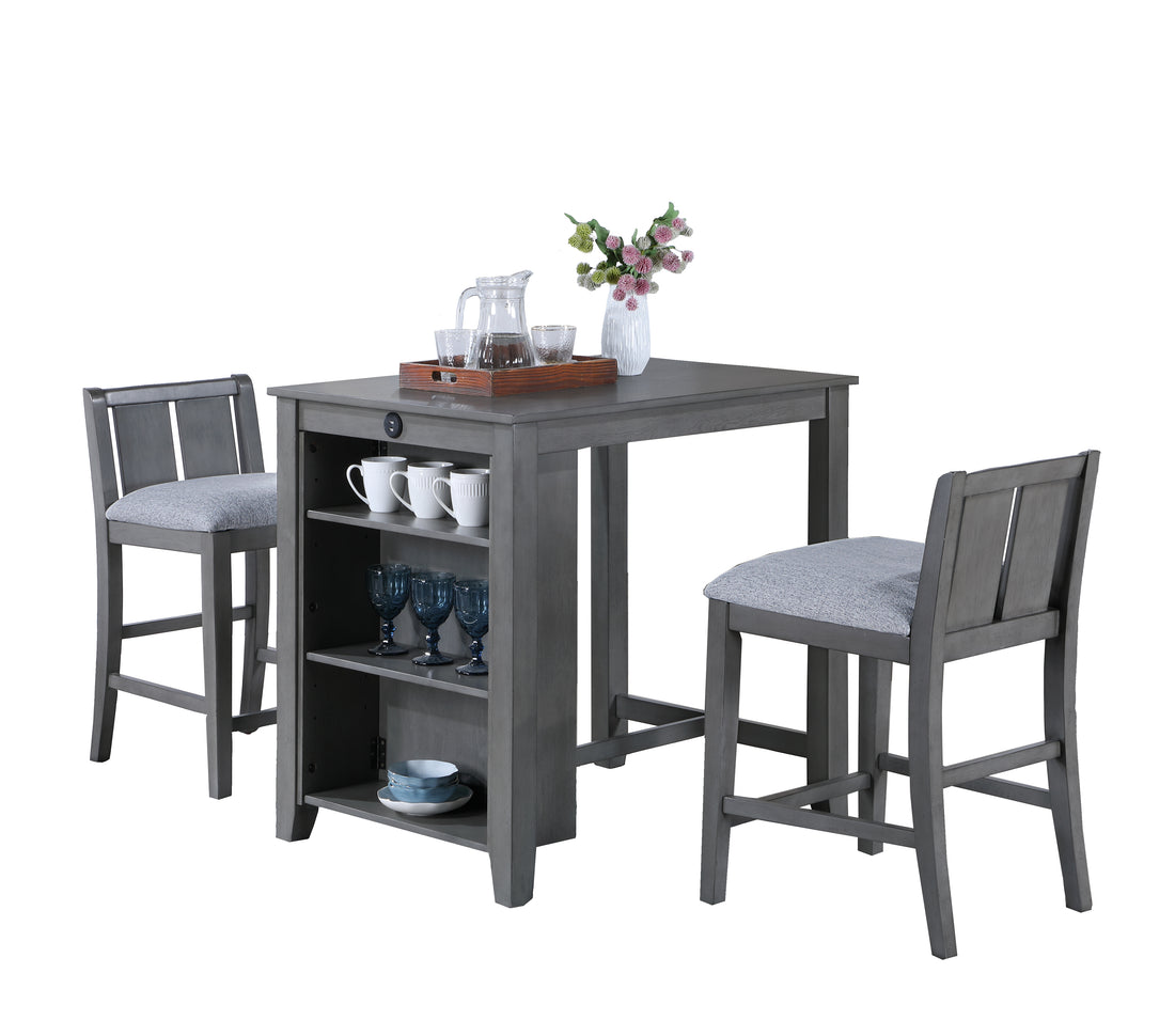 Graham 36" 3 Piece Gray Finish Small Space Counter Height Dining Table With Shelves And 2 Chairs Gray Wood Fabric