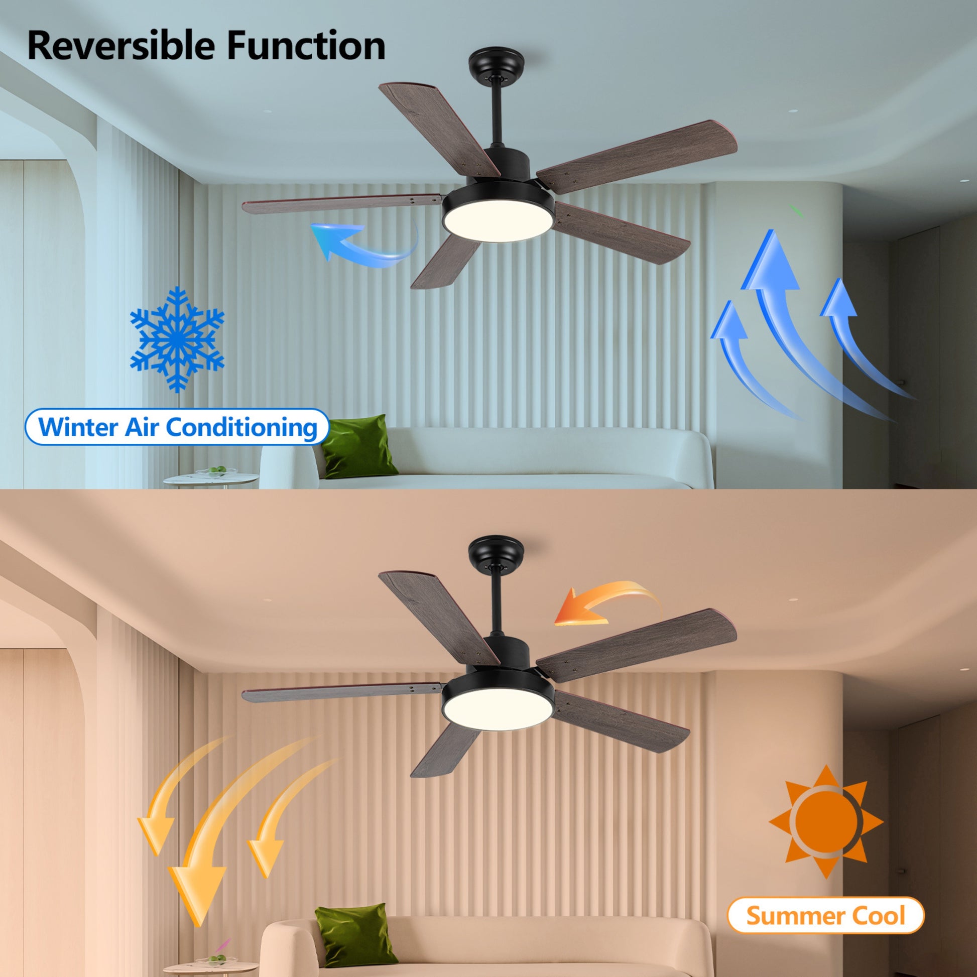 52 Inch Downrod Ceiling Fans With Lights And Remote Control, Modern Outdoor Indoor Wood And Dark 5 Blades Led Lights Smart Ceiling Fans For Bedroom, Living Room, And Patios Set Of 2 Brown Black Wood