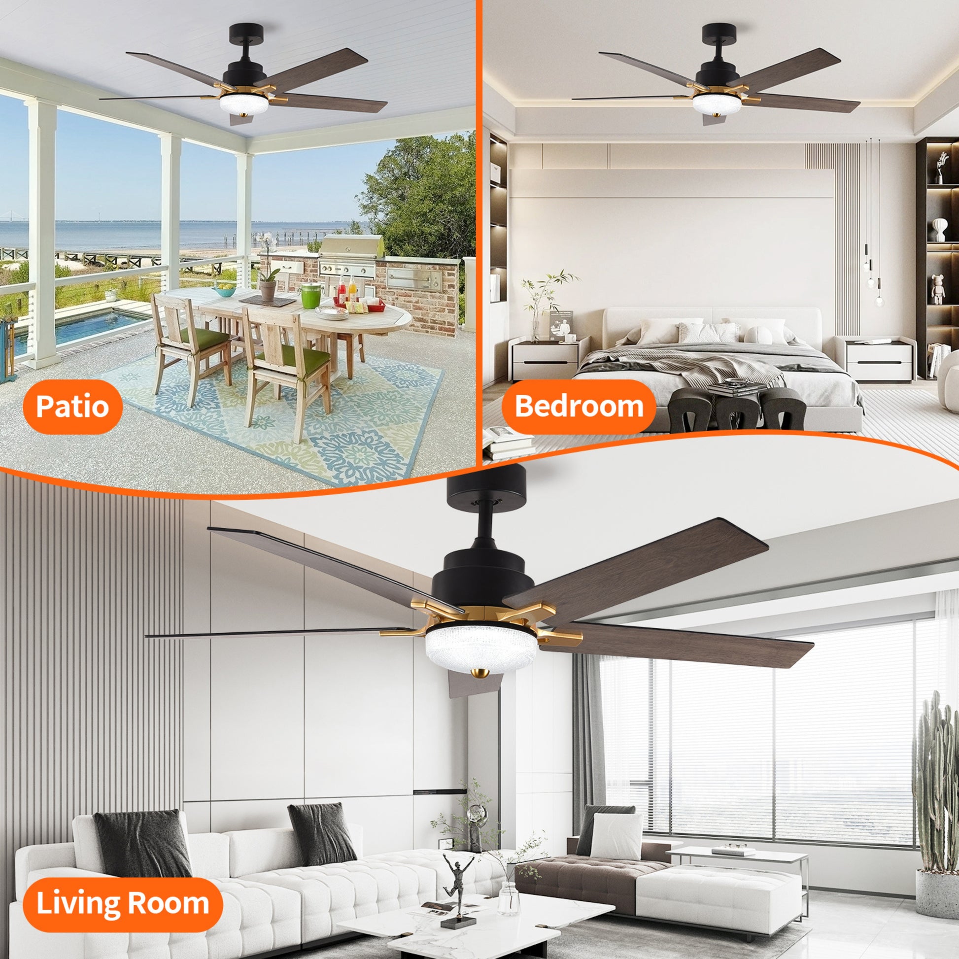 52 Inch Downrod Ceiling Fans With Lights And Remote Control, Modern Outdoor Indoor Black 5 Blades Led Lights Smart Ceiling Fans For Bedroom, Living Room, And Patios Set Of 2 Black Wood Stainless