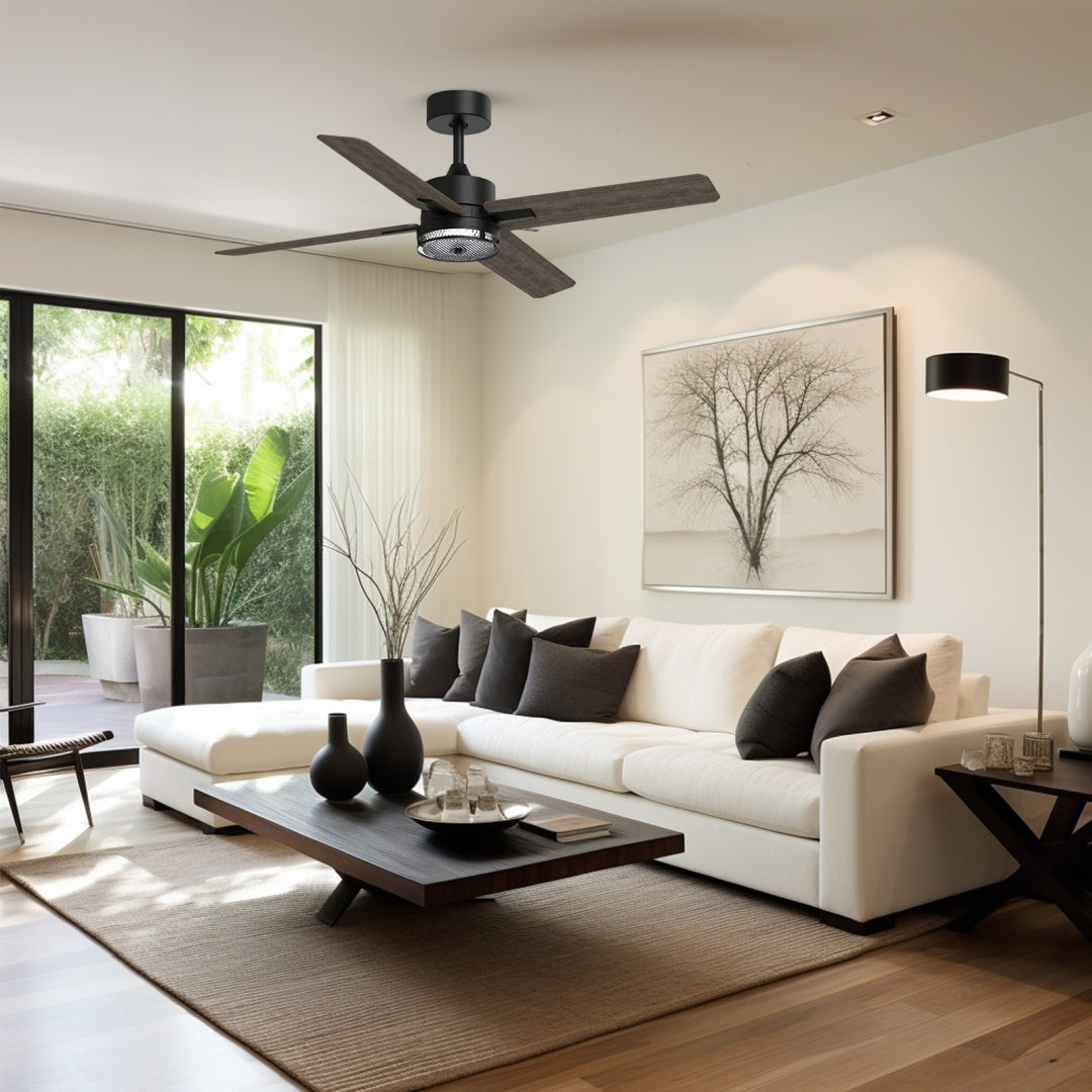 46 Inch Downrod Ceiling Fans With Lights And Remote Control, Modern Outdoor Indoor Dark 4 Blades Led Lights Smart Ceiling Fans For Bedroom, Living Room, And Patios Set Of 2 Brown Black Wood Stainless Steel