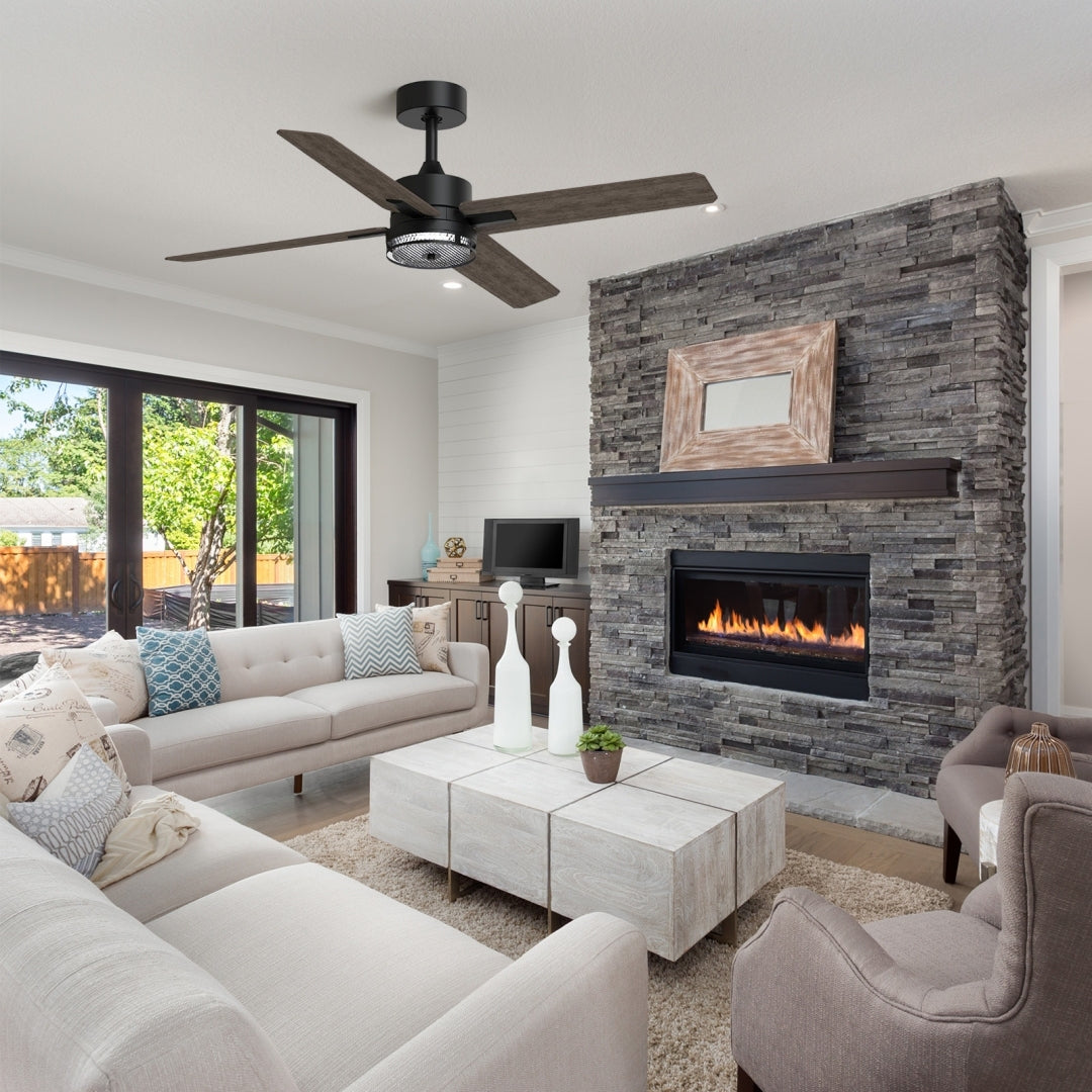 46 Inch Downrod Ceiling Fans With Lights And Remote Control, Modern Outdoor Indoor Dark 4 Blades Led Lights Smart Ceiling Fans For Bedroom, Living Room, And Patios Set Of 2 Brown Black Wood Stainless Steel