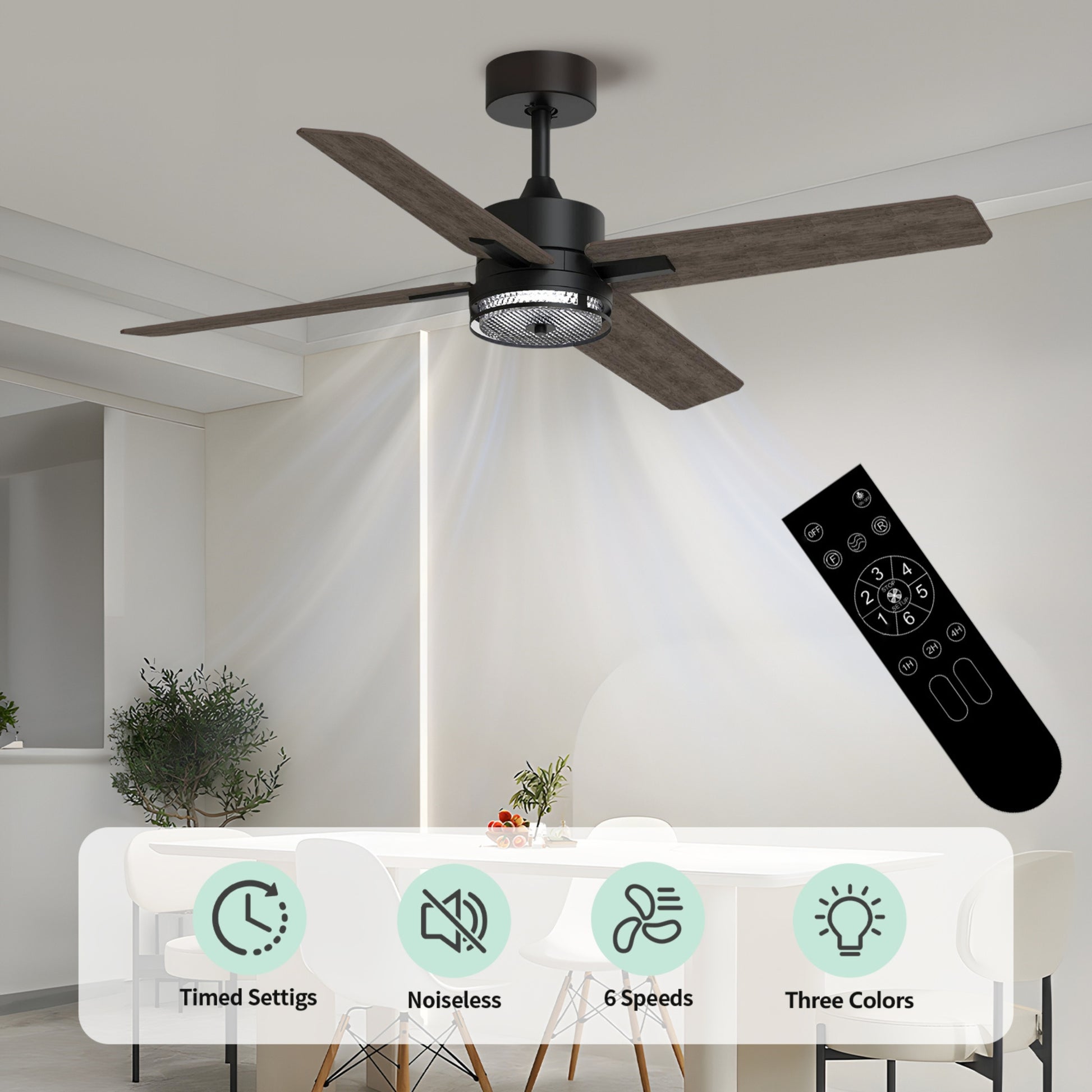 46 Inch Downrod Ceiling Fans With Lights And Remote Control, Modern Outdoor Indoor Dark 4 Blades Led Lights Smart Ceiling Fans For Bedroom, Living Room, And Patios Set Of 2 Brown Black Wood Stainless Steel