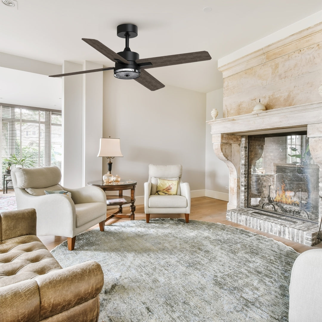 46 Inch Downrod Ceiling Fans With Lights And Remote Control, Modern Outdoor Indoor Dark 4 Blades Led Lights Smart Ceiling Fans For Bedroom, Living Room, And Patios Set Of 2 Brown Black Wood Stainless Steel