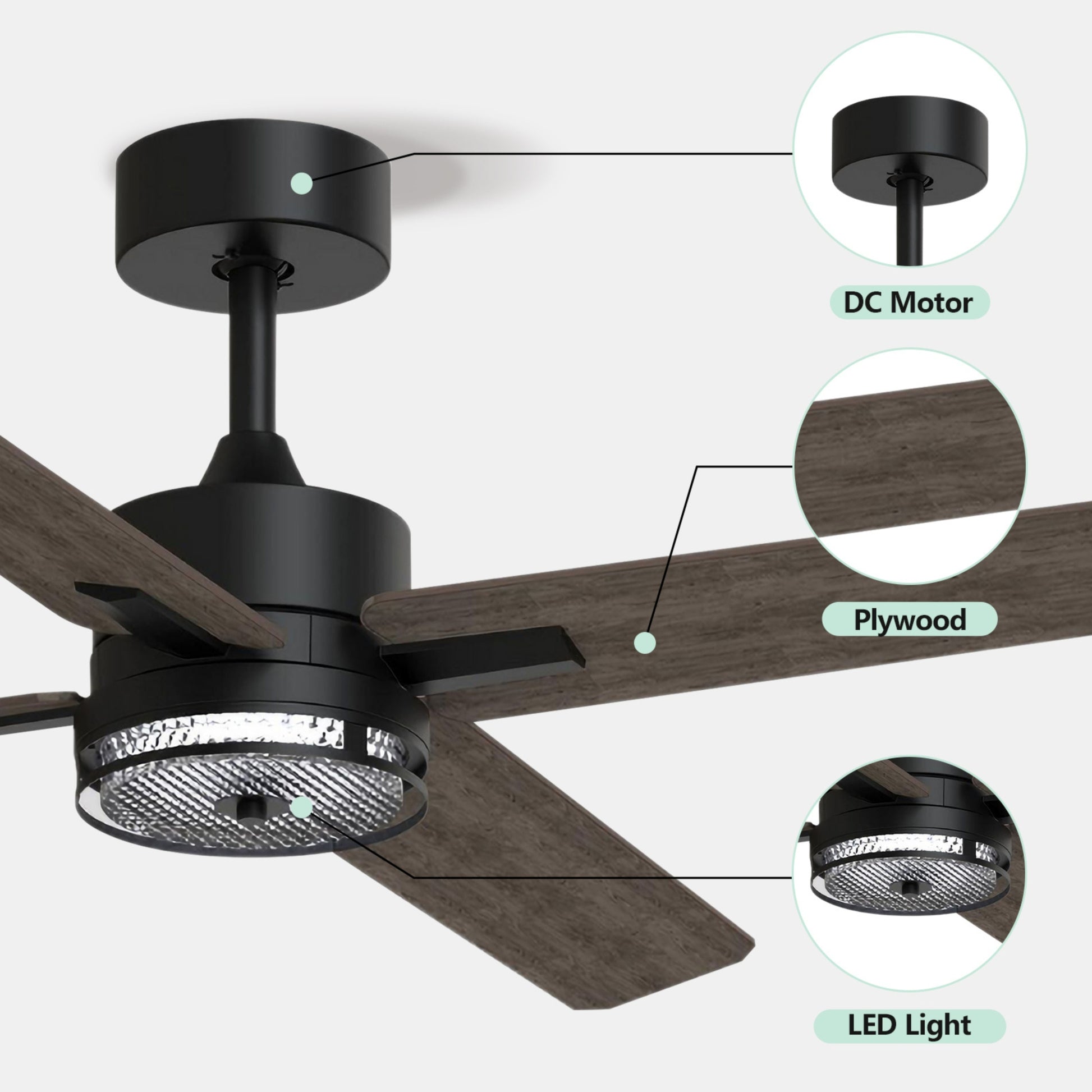 46 Inch Downrod Ceiling Fans With Lights And Remote Control, Modern Outdoor Indoor Dark 4 Blades Led Lights Smart Ceiling Fans For Bedroom, Living Room, And Patios Set Of 2 Brown Black Wood Stainless Steel