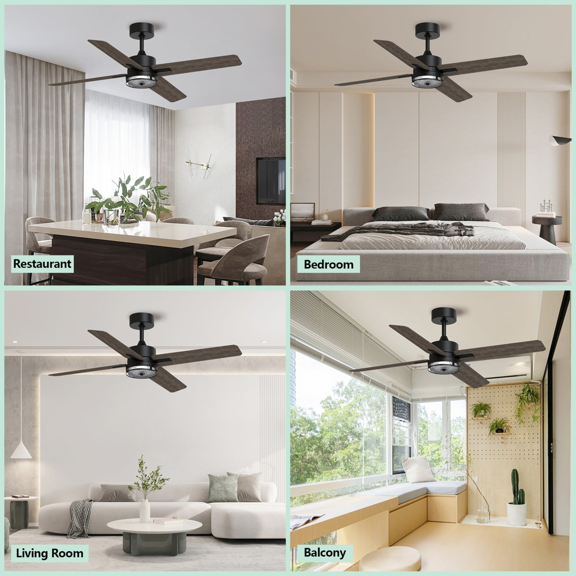 46 Inch Downrod Ceiling Fans With Lights And Remote Control, Modern Outdoor Indoor Dark 4 Blades Led Lights Smart Ceiling Fans For Bedroom, Living Room, And Patios Set Of 2 Brown Black Wood Stainless Steel