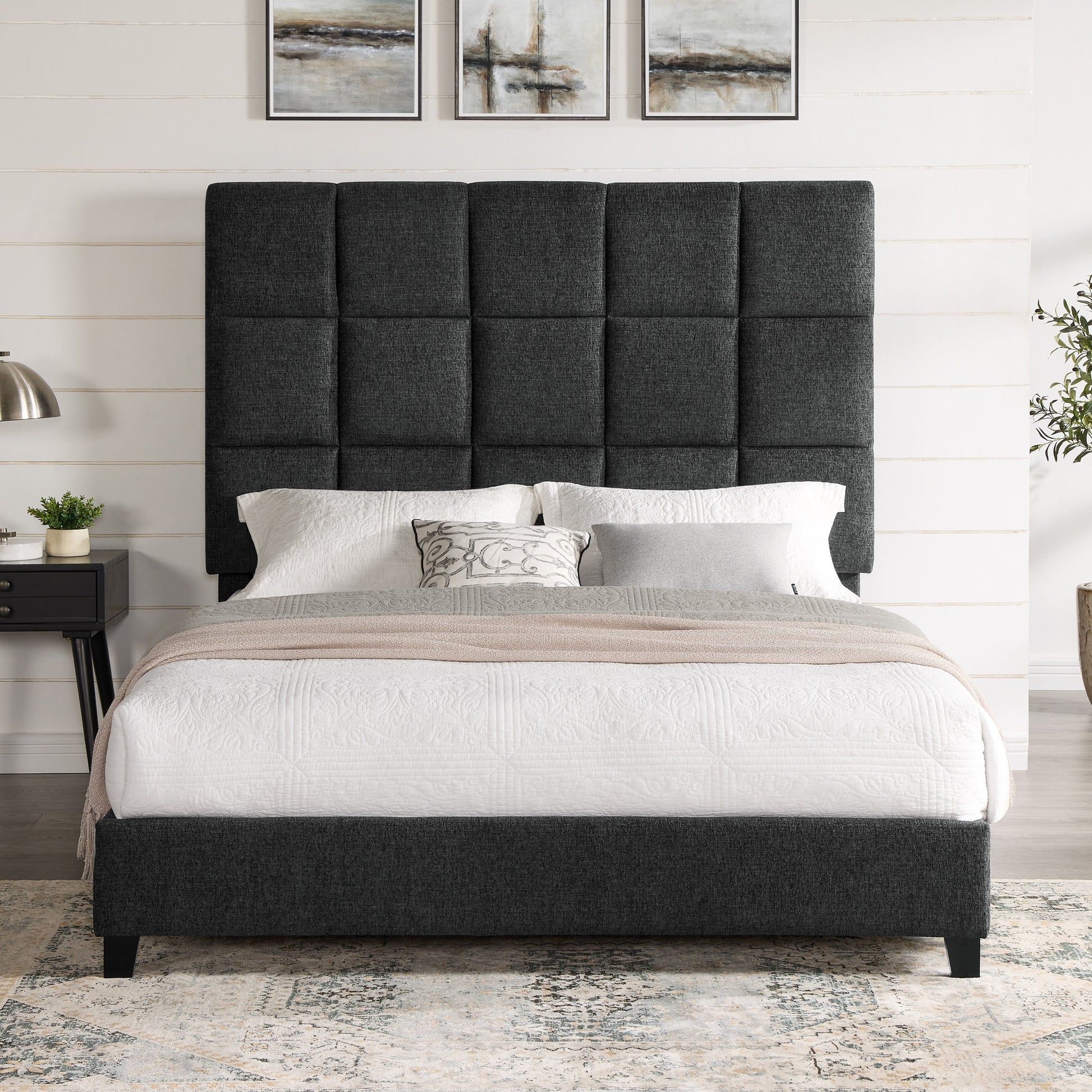 Queen Size Grey Squares Upholstered Platform Bed Box Spring Required Queen Grey Wood Bedroom Contemporary,Modern,Transitional Bed Frame Foam Polyester Polyester