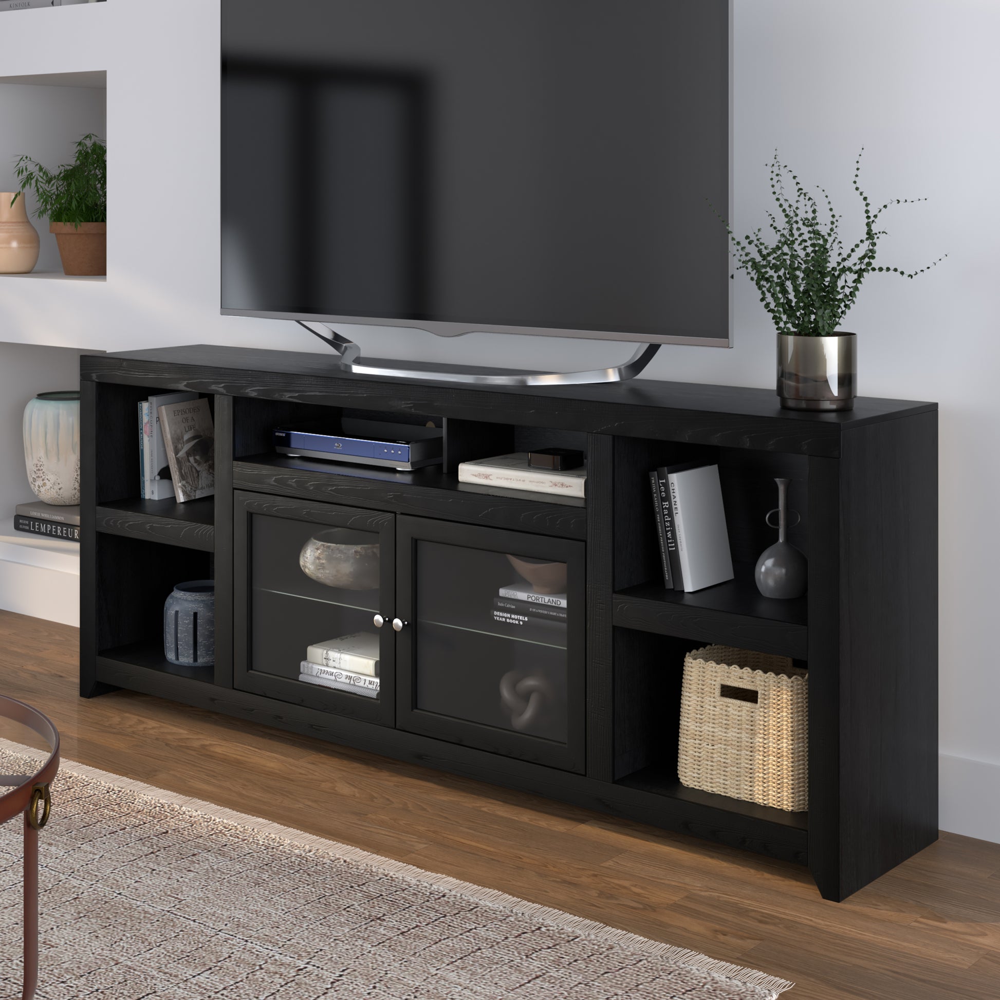 Skyline 75 Inch Tv Stand Console For Tvs Up To 90 Inches, No Assembly Required, Mocha Finish Brown Espresso Primary Living Space 70 79 Inches 80 89 Inches Contemporary,Modern Poplar 85 Inches Wood