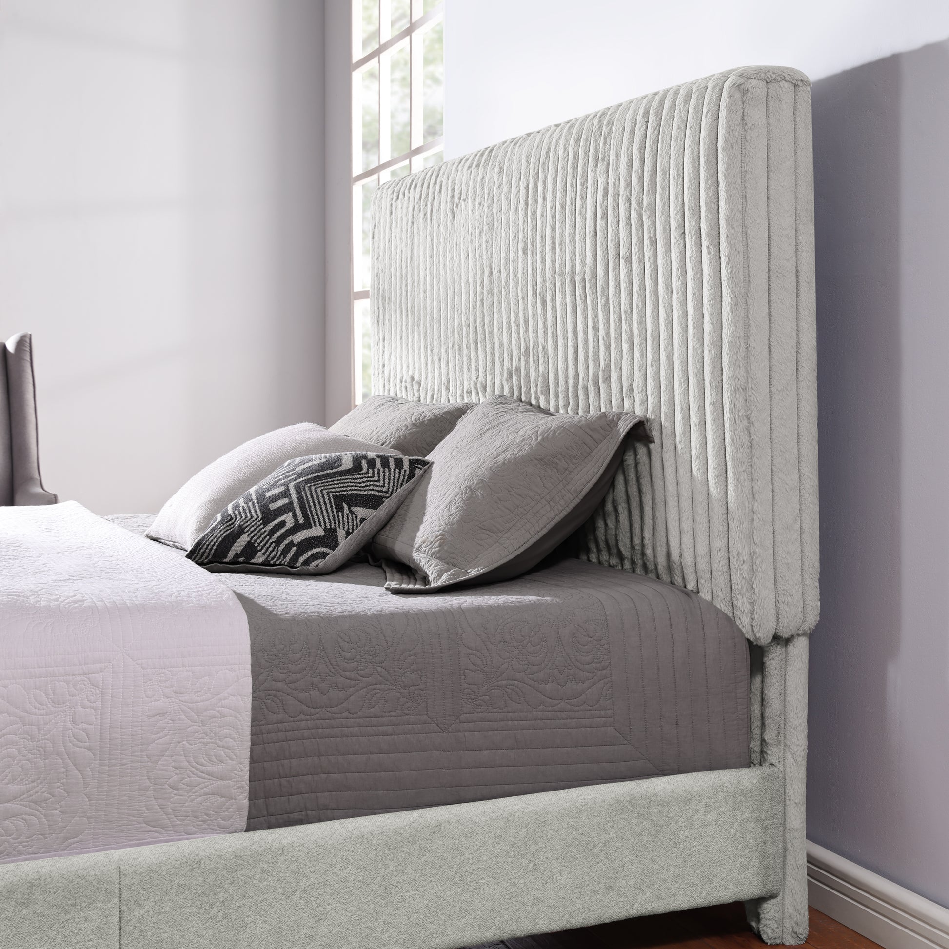 King Size Minky Stone Upholstered Platform Bed Box Spring Required King Stone Gray Wood Bedroom Contemporary,Modern,Transitional Bed Frame Foam Polyester Polyester