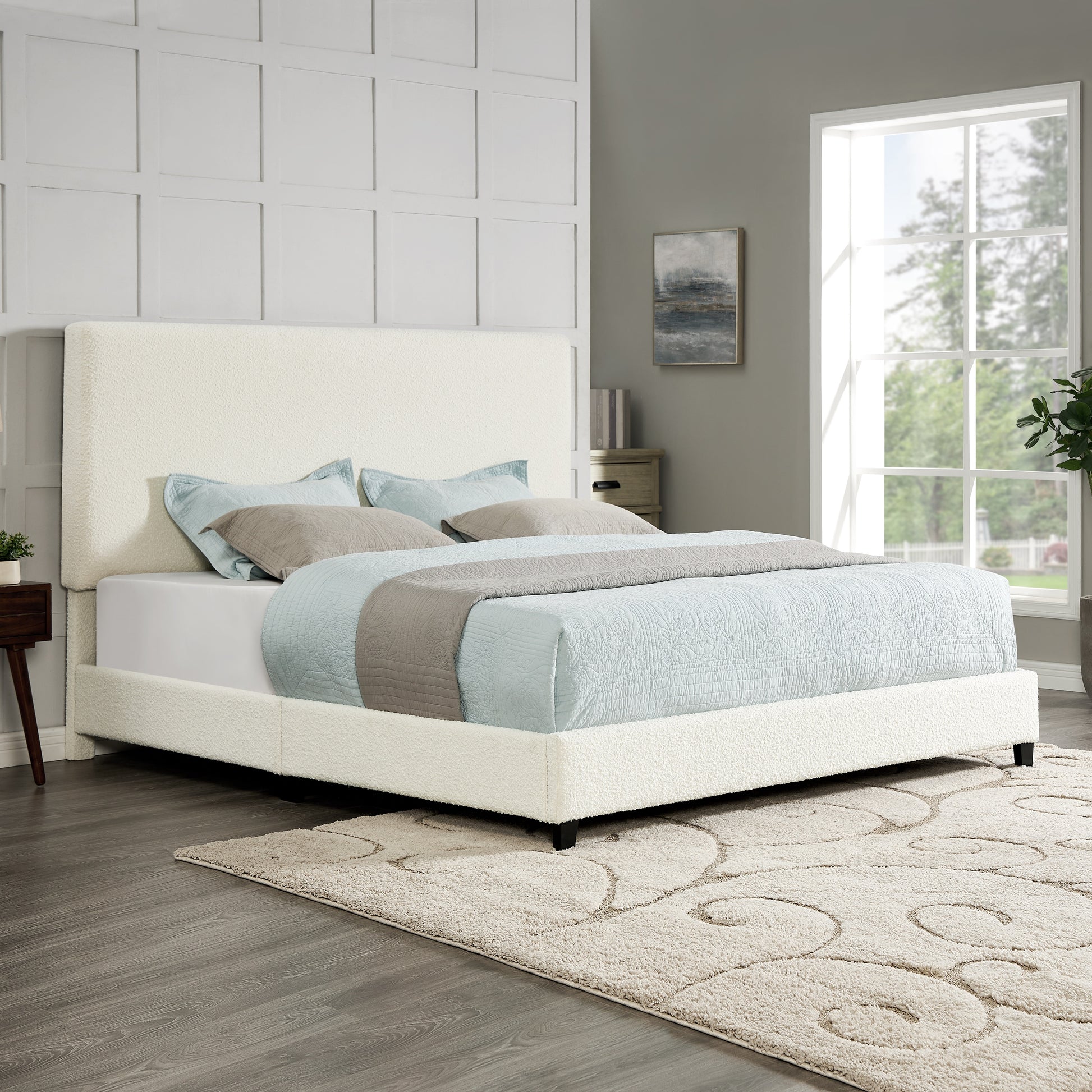 King Size White Boucle Upholstered Platform Bed Box Spring Required King White Wood Bedroom Contemporary,Modern,Transitional Bed Frame Foam Boucle Polyester