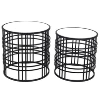 Mirrored Top Round Accent Table With Open Base, Set Of 2, Black Black Glass Metal