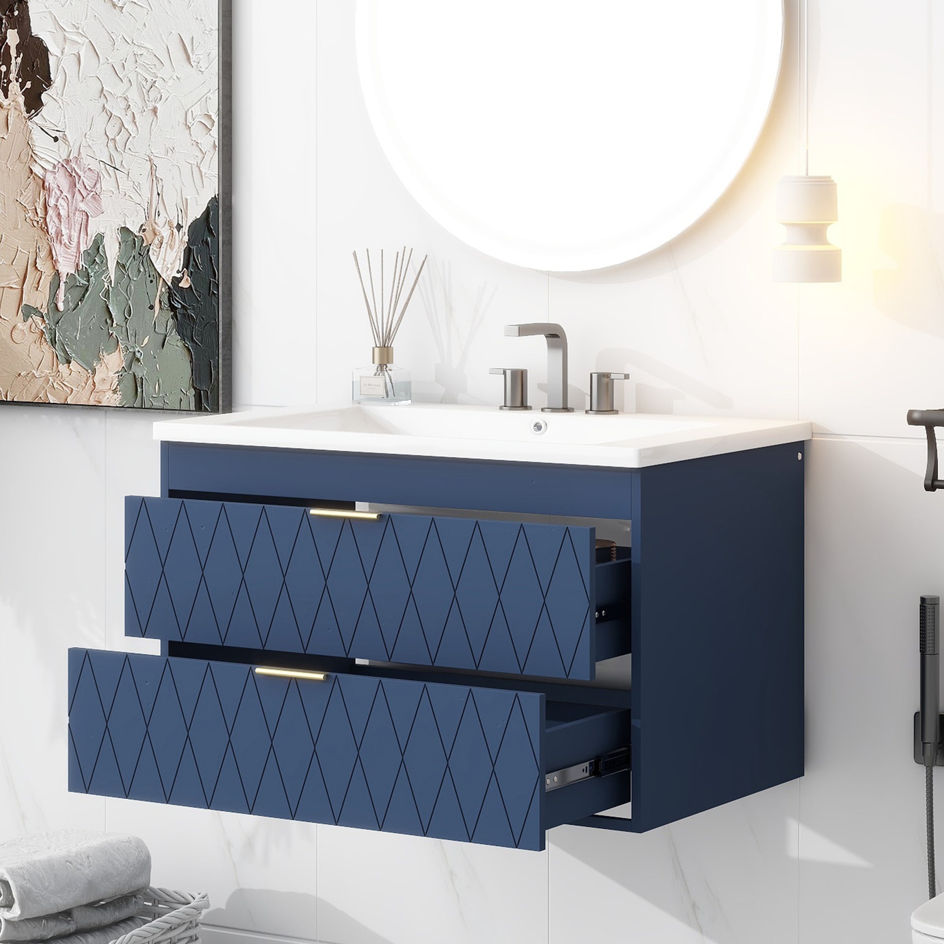 30'' Wall Mounted Bathroom Vanity With Resin Sink,Floating Bathroom Storage Cabinet With 2 Drawers, Solid Wood Bathroom Cabinet 2 Navy Blue Stain Resistant Bathroom Wall Mounted Solid Wood Mdf Resin Painted