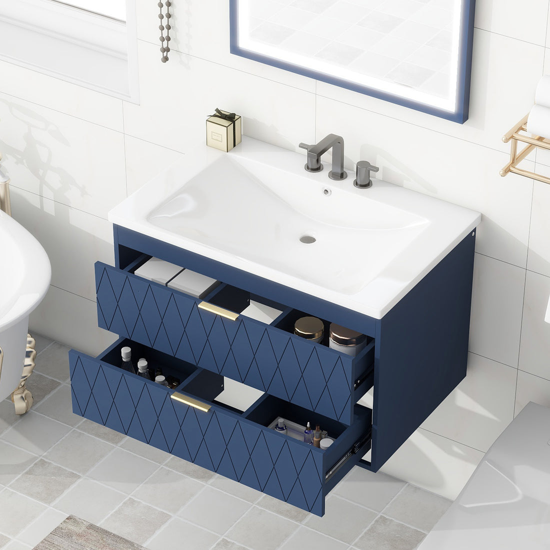30'' Wall Mounted Bathroom Vanity with Resin 2-navy blue-stain resistant-bathroom-wall