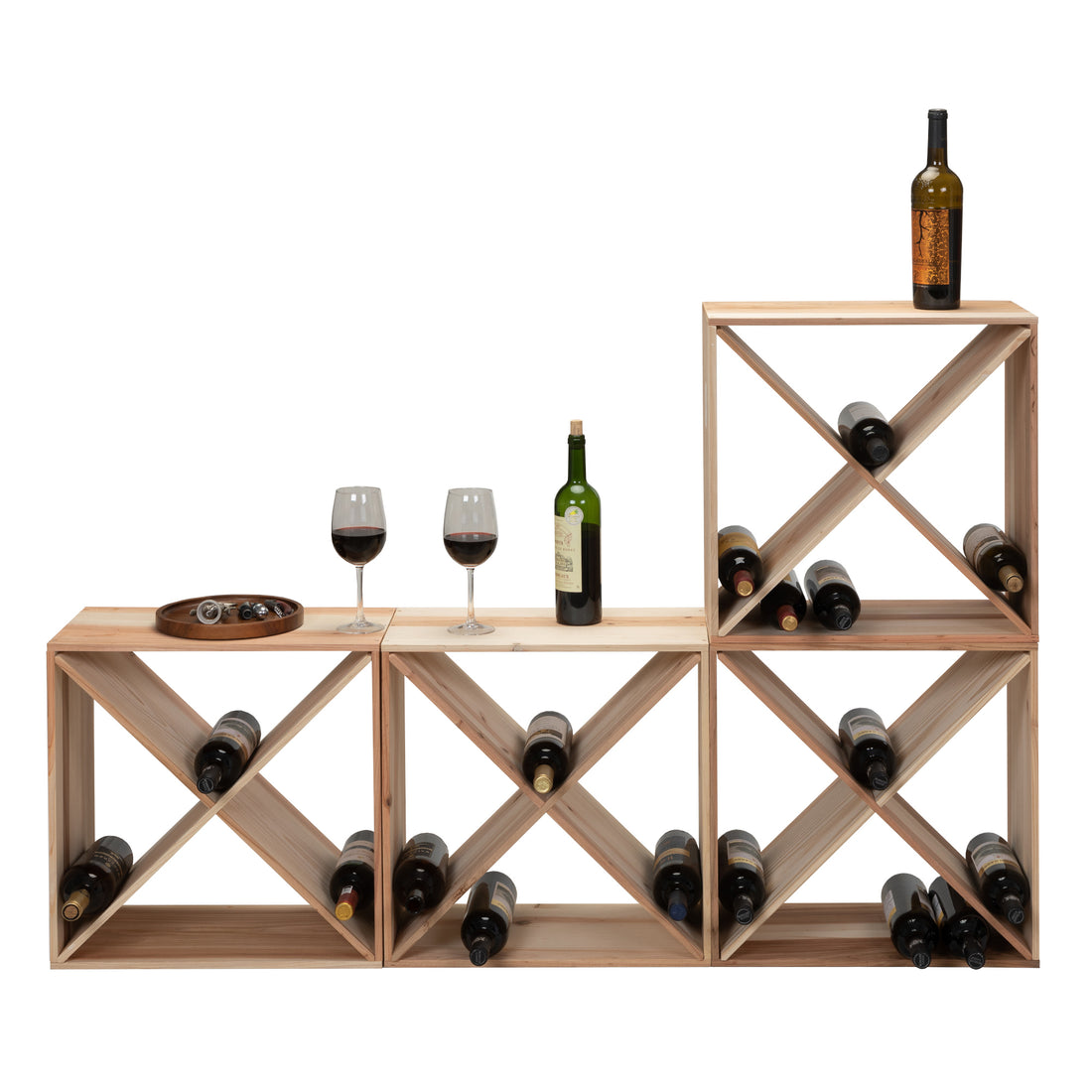 24 Bottle Modular Wine Rack, Stackable Wine Storage Cube For Bar Cellar Kitchen Dining,4 Sets Natural Wood