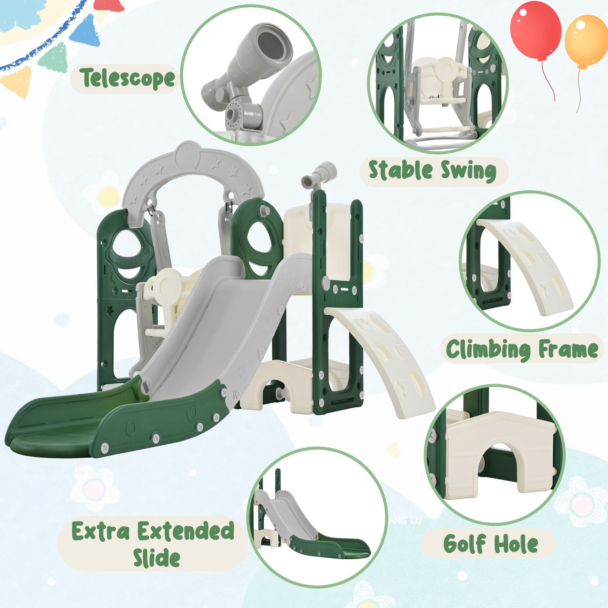 Toddler Slide And Swing Set 5 In 1, Kids Playground Climber Slide Playset With Telescope, Freestanding Combination For Babies Indoor & Outdoor Green Hdpe