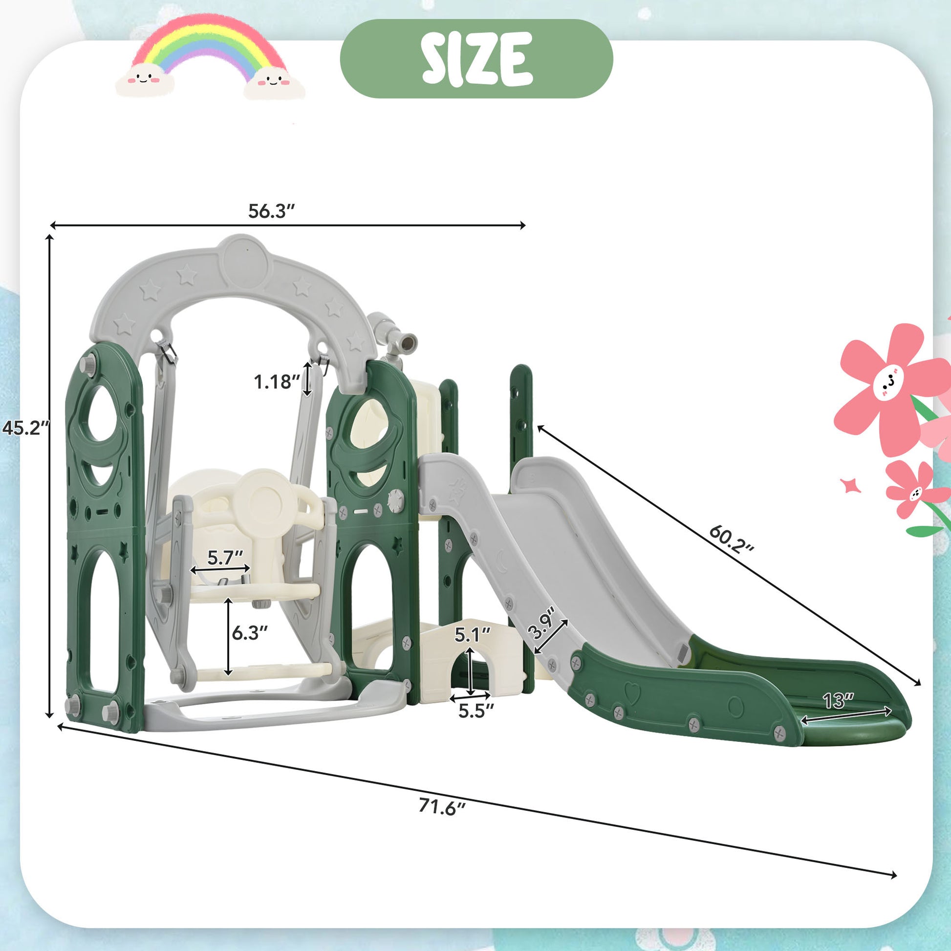 Toddler Slide And Swing Set 5 In 1, Kids Playground Climber Slide Playset With Telescope, Freestanding Combination For Babies Indoor & Outdoor Green Hdpe