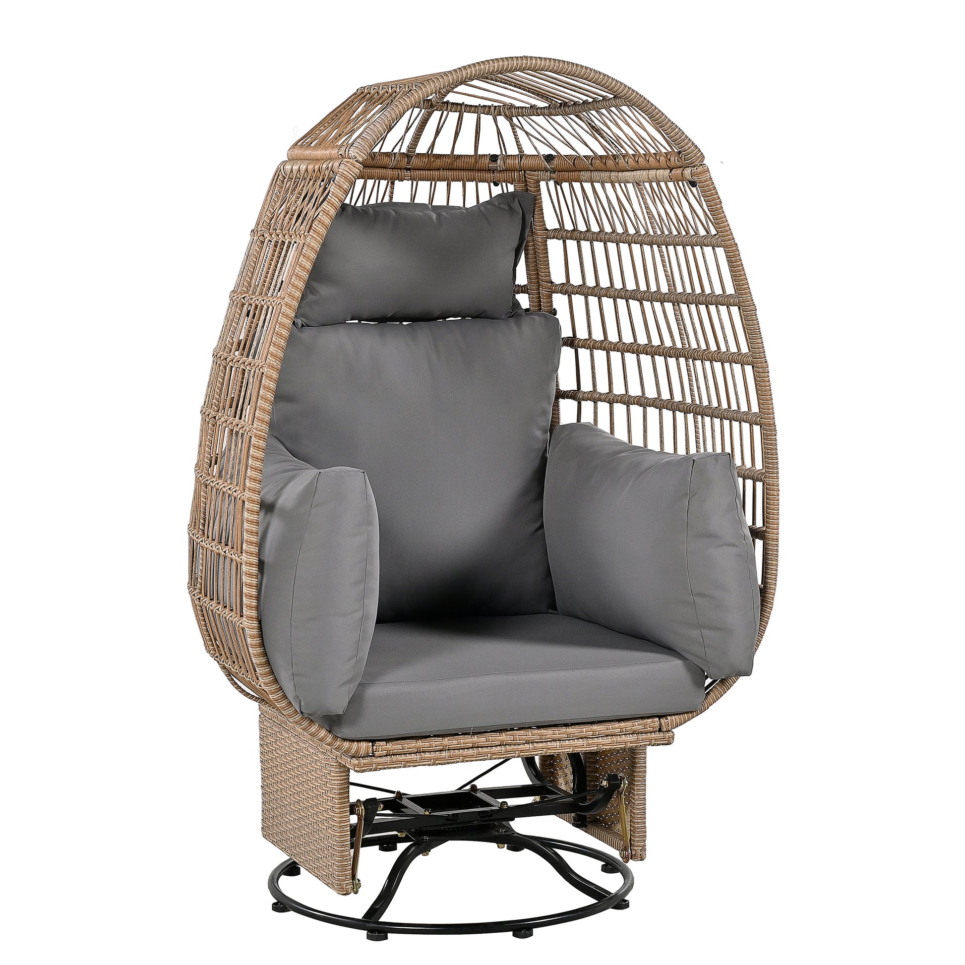 Outdoor Swivel Chair With Cushions, Rattan Egg Patio Chair With Rocking Function For Balcony, Poolside And Garden Natural Wicker Grey Cushion Natural Grey Wicker