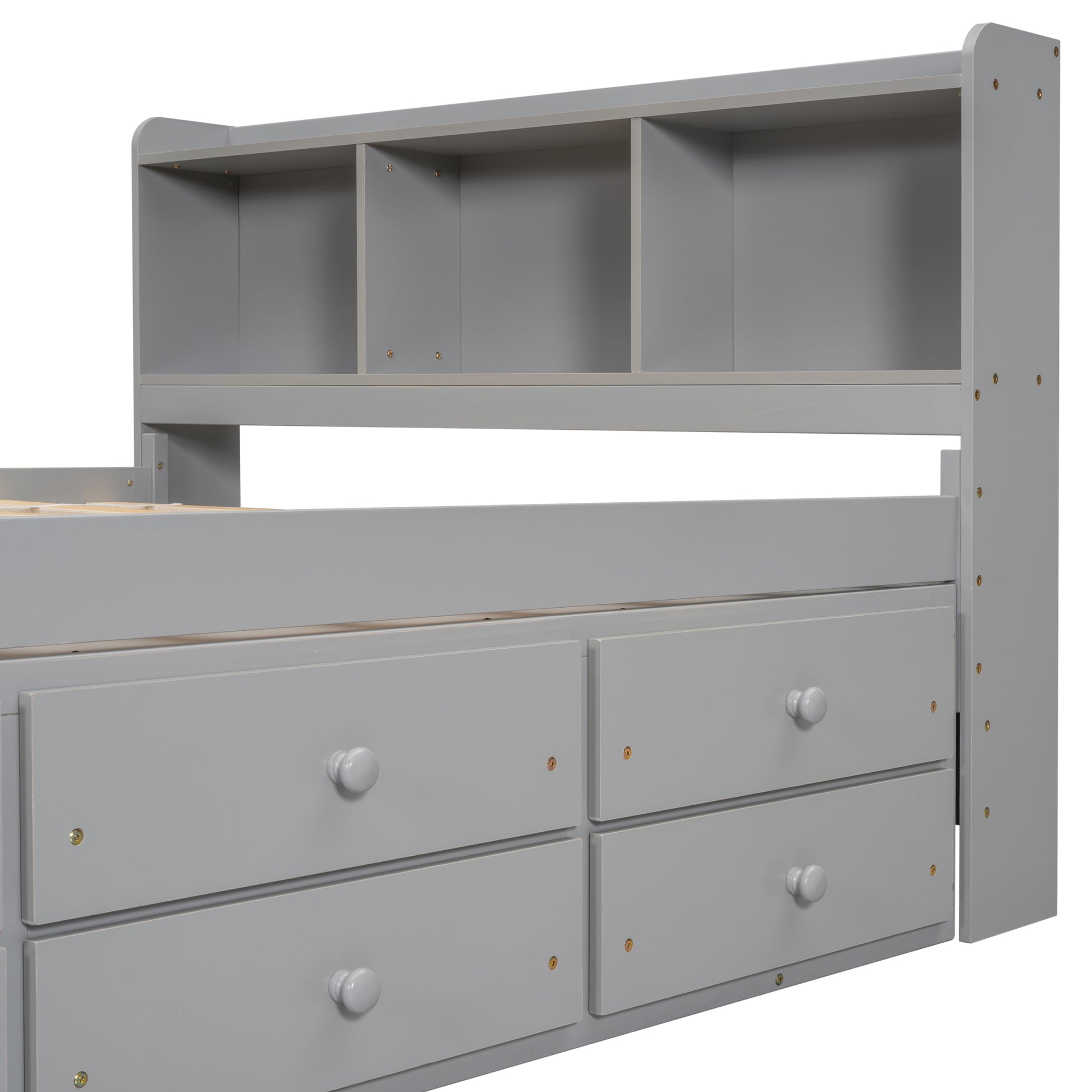 Full Bed With Bookcase Headboard, Under Bed Storage Drawers And Bed End Storage Case,Grey Full Grey American Design Pine