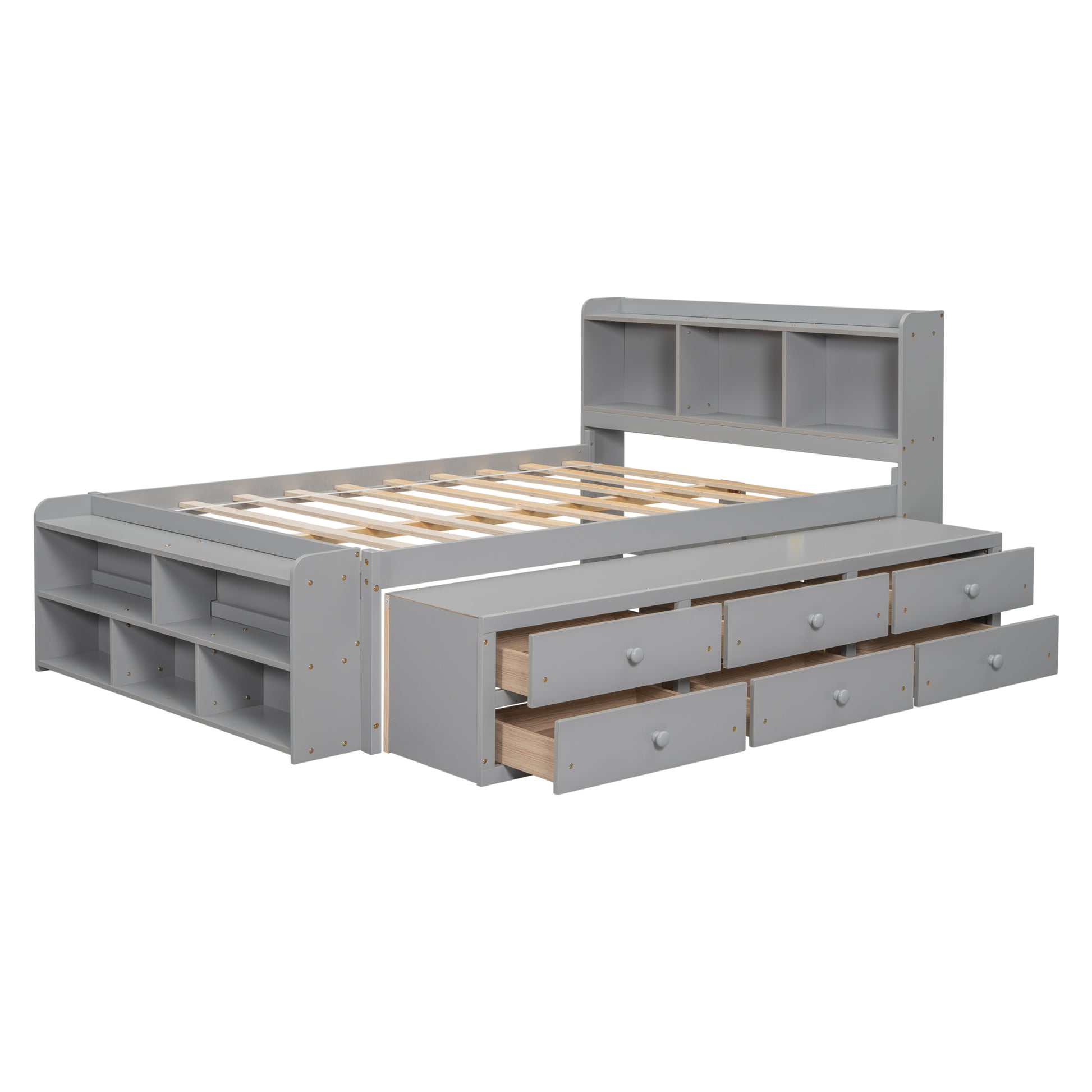 Full Bed With Bookcase Headboard, Under Bed Storage Drawers And Bed End Storage Case,Grey Full Grey American Design Pine