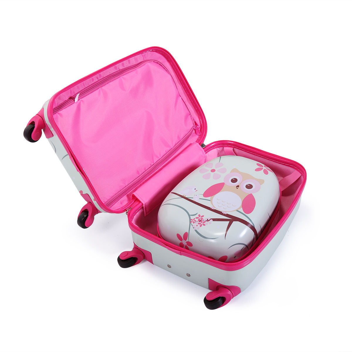 2 Pcs Kids Luggage Set, 12" Backpack And 16" Spinner Case With 4 Universal Wheels, Travel Suitcase For Boys Girls, Pink With Animal Patterns Pink Abs Pc