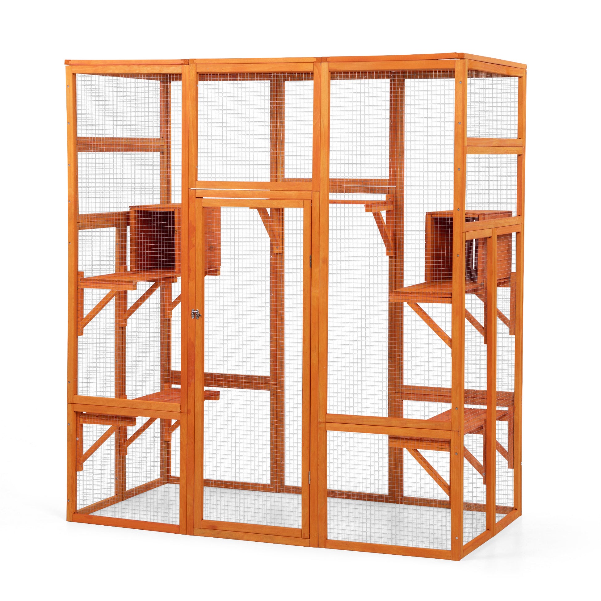 Large Cat Enclosure With 5 Perches, 2 Condos And 1 Lockable Door, Orange Orange Metal & Wood