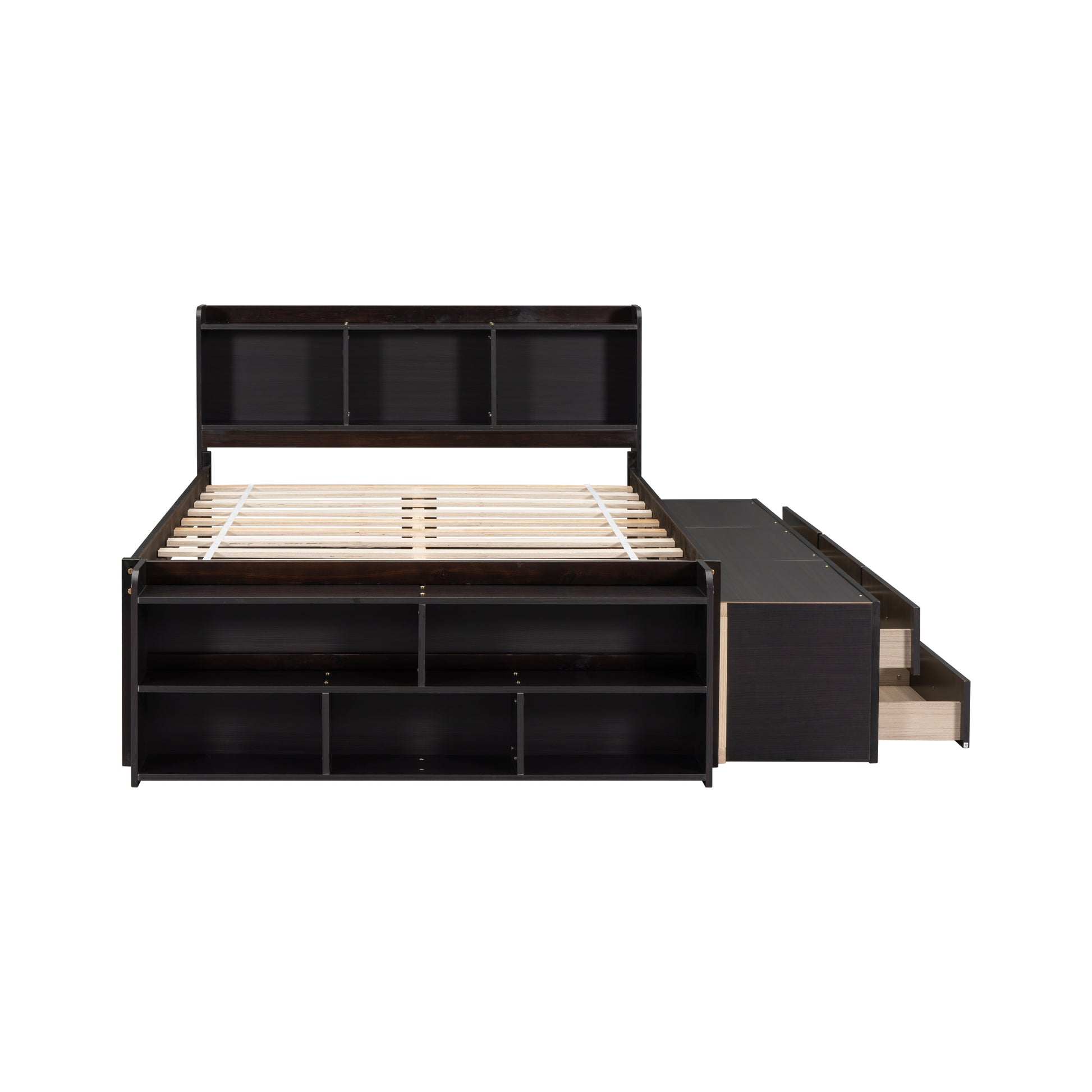 Full Bed With Bookcase Headboard, Under Bed Storage Drawers And Bed End Storage Case,Espresso Full Espresso American Design Pine