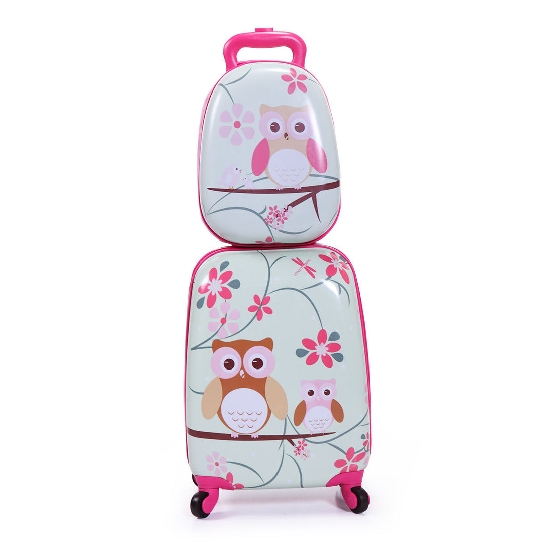 2 Pcs Kids Luggage Set, 12" Backpack And 16" Spinner Case With 4 Universal Wheels, Travel Suitcase For Boys Girls, Pink With Animal Patterns Pink Abs Pc