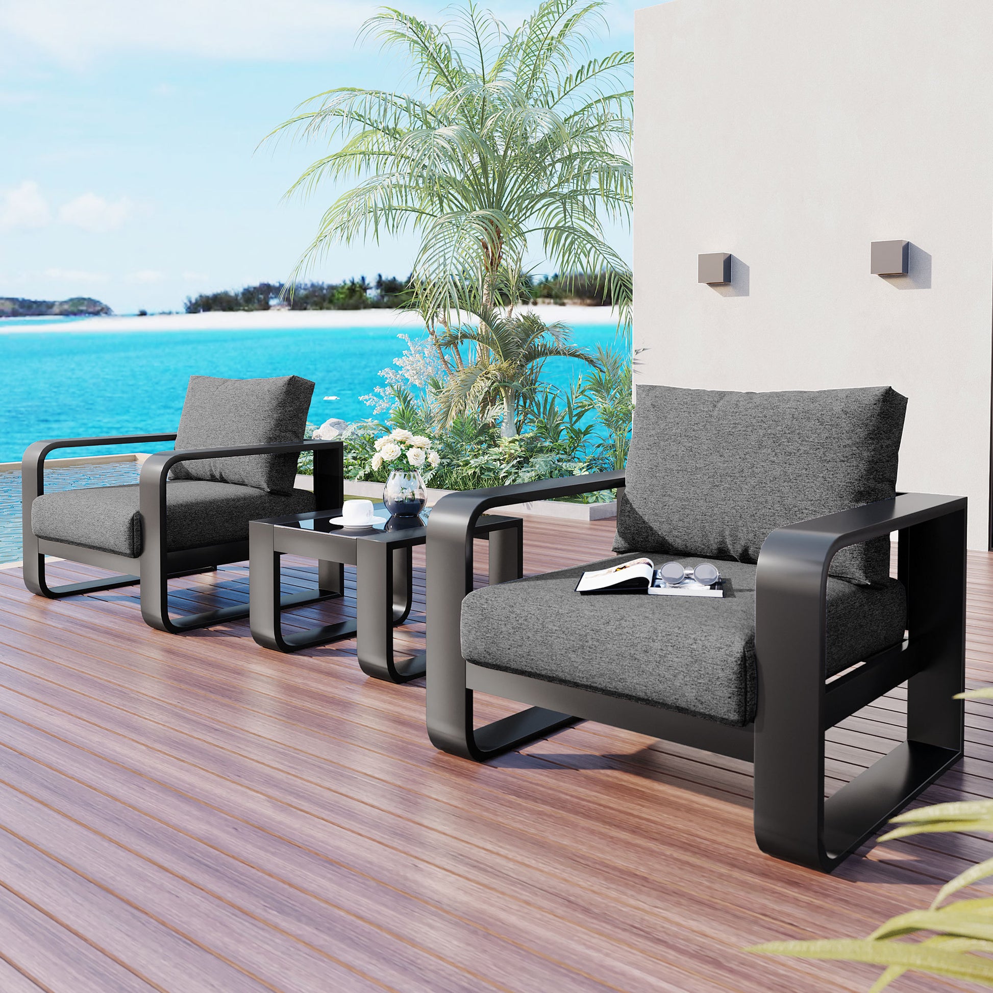 3 Pieces Aluminum Frame Patio Furniture With 6.7" Thick Cushion And Coffee Table, All Weather Use Olefin Fabric Outdoor Chair, Gray And Black Yes Deep Seating Black Gray Weather Resistant Frame Garden & Outdoor Contemporary,Luxury,Modern,Vintage 2 Person