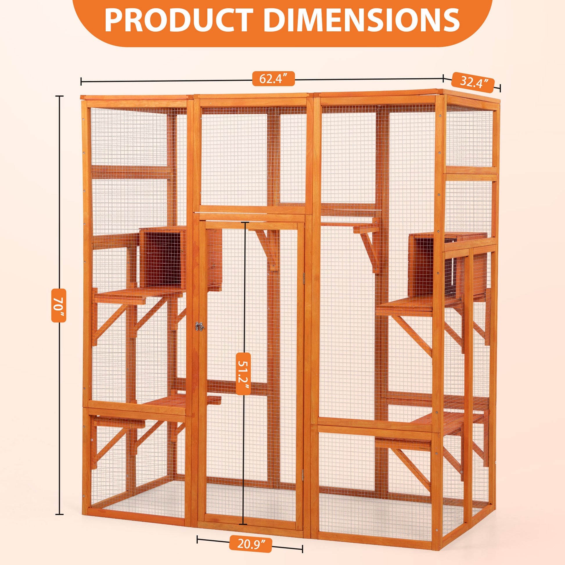 Large Cat Enclosure With 5 Perches, 2 Condos And 1 Lockable Door, Orange Orange Metal & Wood