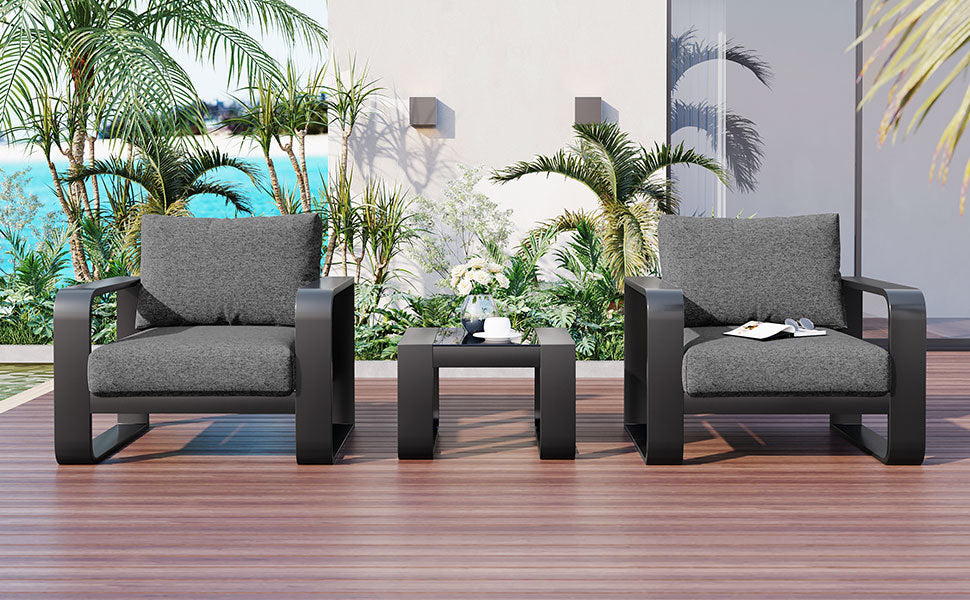 3 Pieces Aluminum Frame Patio Furniture With 6.7" Thick Cushion And Coffee Table, All Weather Use Olefin Fabric Outdoor Chair, Gray And Black Yes Deep Seating Black Gray Weather Resistant Frame Garden & Outdoor Contemporary,Luxury,Modern,Vintage 2 Person