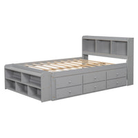 Full Bed With Bookcase Headboard, Under Bed Storage Drawers And Bed End Storage Case,Grey Full Grey American Design Pine