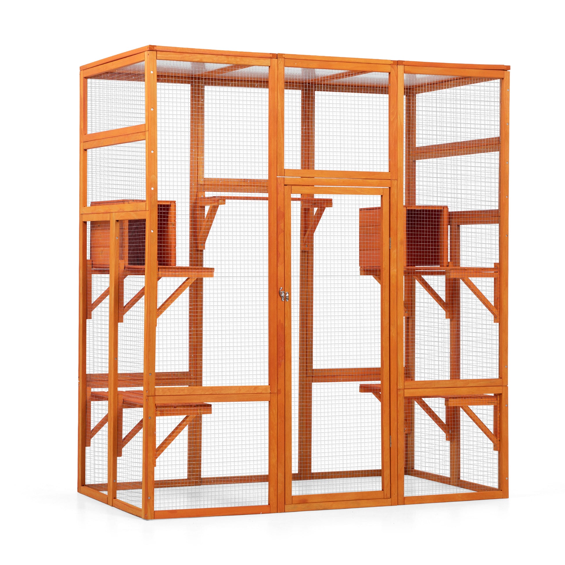 Large Cat Enclosure With 5 Perches, 2 Condos And 1 Lockable Door, Orange Orange Metal & Wood