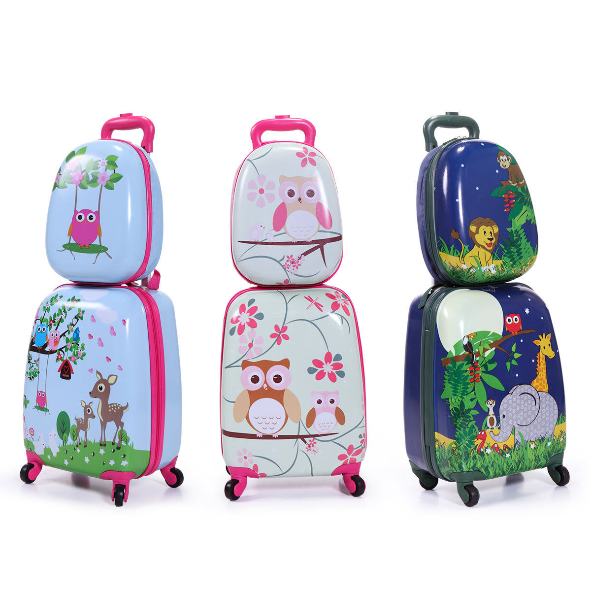 2 Pcs Kids Luggage Set, 12" Backpack And 16" Spinner Case With 4 Universal Wheels, Travel Suitcase For Boys Girls, Pink With Animal Patterns Pink Abs Pc