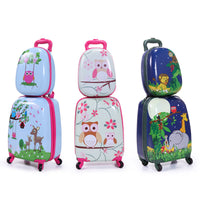 2 Pcs Kids Luggage Set, 12" Backpack And 16" Spinner Case With 4 Universal Wheels, Travel Suitcase For Boys Girls, Pink With Animal Patterns Pink Abs Pc